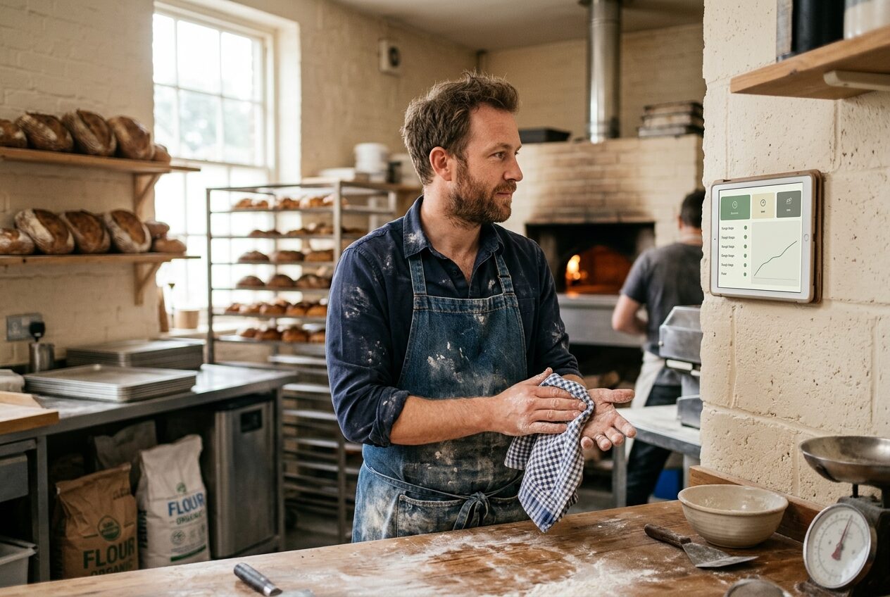 A baker wiping his hands while glancing at a wall-mounted tablet showing everything running normally