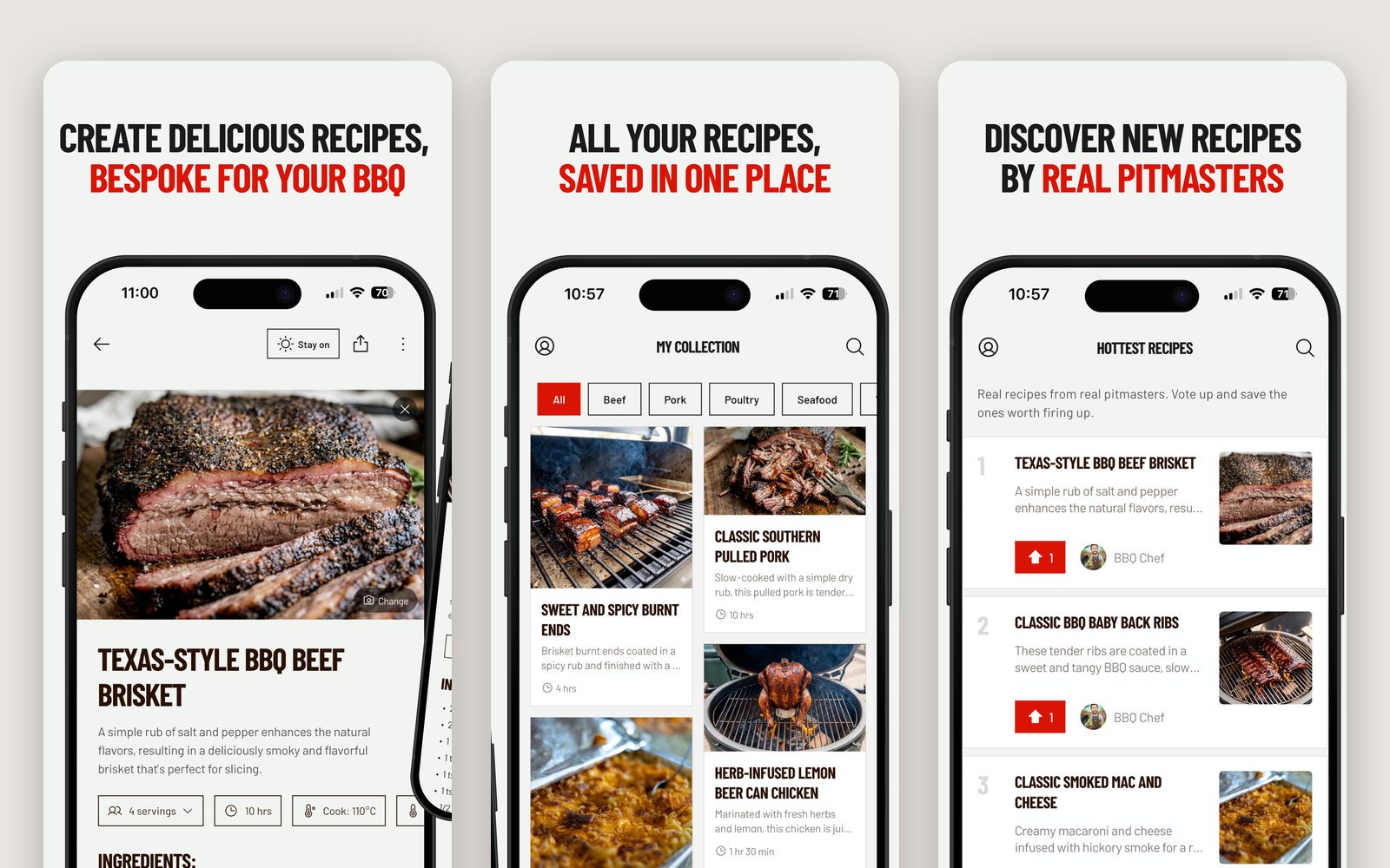 Three BBQ Chef App Store screenshots: a brisket recipe, a saved recipe collection and the hottest recipes from real pitmasters
