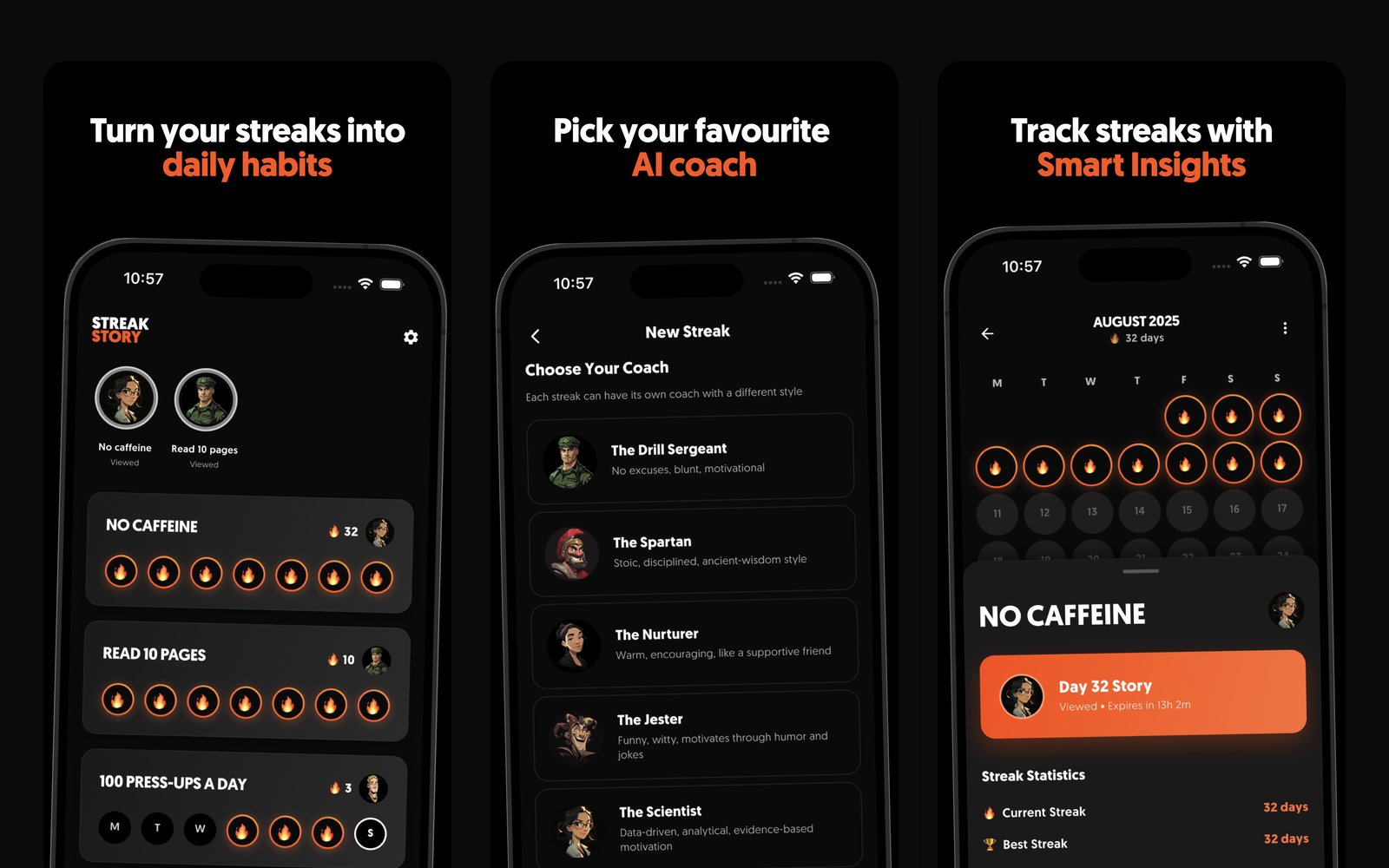 Three StreakStory App Store screenshots: streak cards, choosing an AI coach and a monthly streak calendar